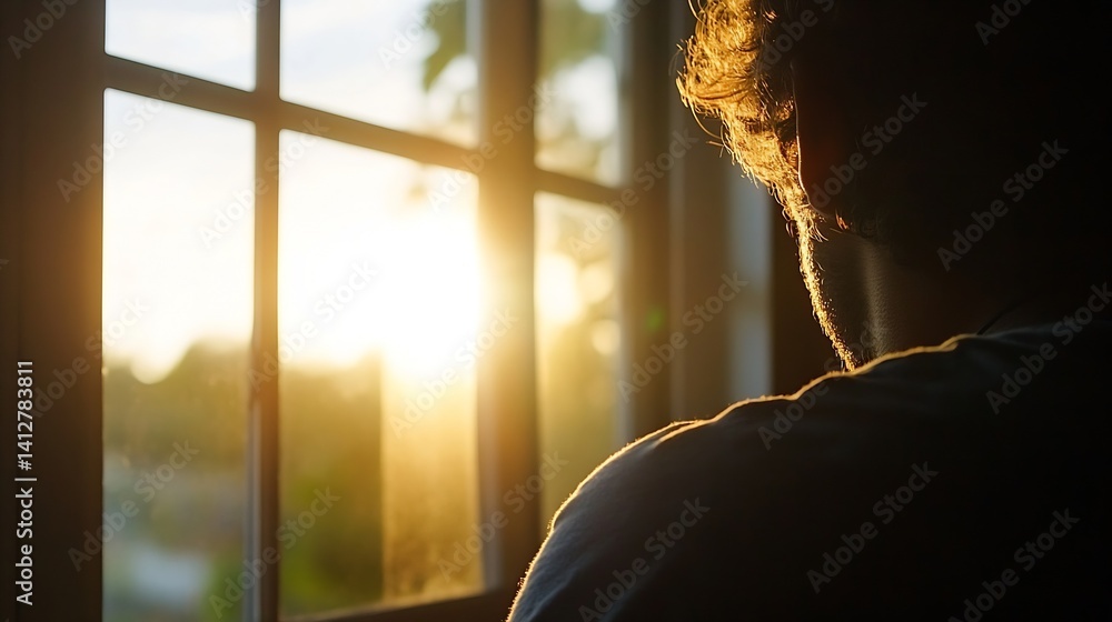 Poster contemplative silhouette of a man by window at sunset with sunlight streaming through : generative a