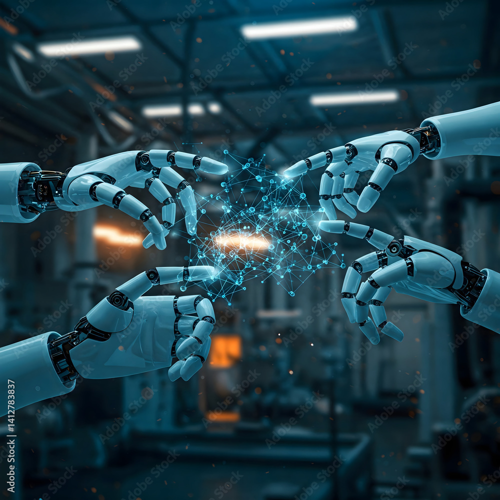 Poster robot hands collaboration: illustrative scene of several robotic hands interacting, fingertips meeti