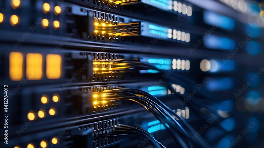 Poster High tech server room with glowing lights and organized network hardware : Generative AI