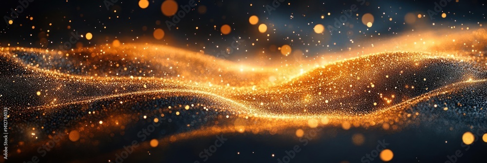 Aufkleber Abstract sparkling background featuring swirling patterns of gold and white light particles against a dark backdrop with bokeh effects. The image conveys a sense of magic and ethereal beauty
