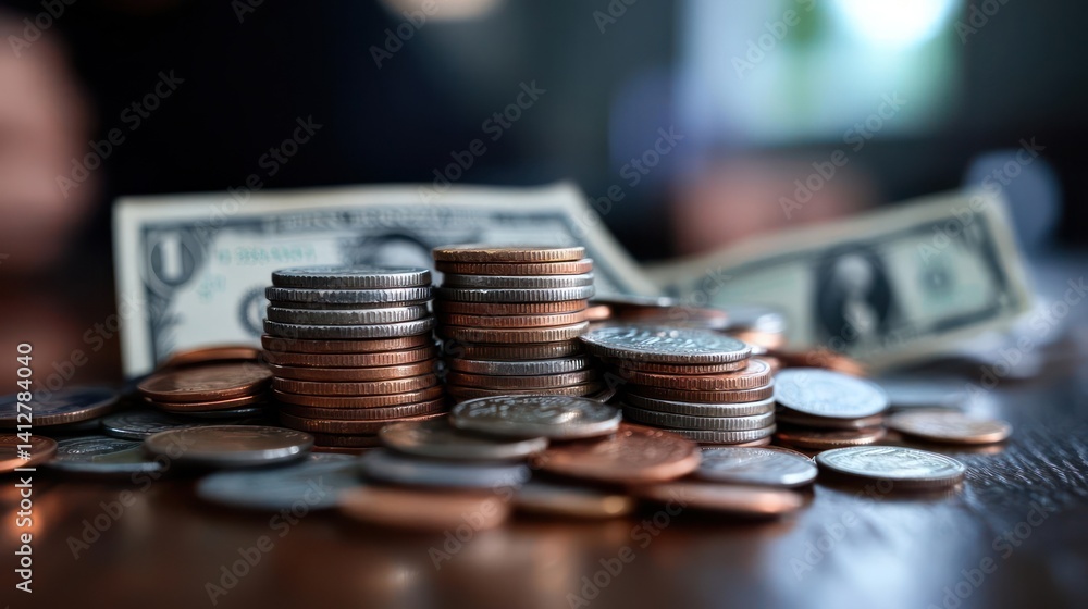 Poster a close up shot showcases a pile of assorted coins and a one-dollar bill on a dark, textured wooden 