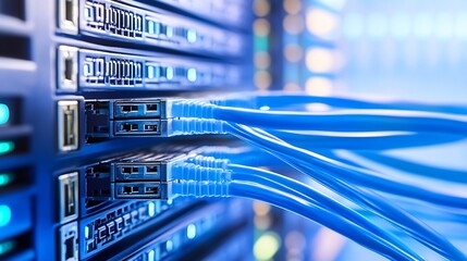 Close up of server connections showcasing blue cables and connected devices : Generative AI