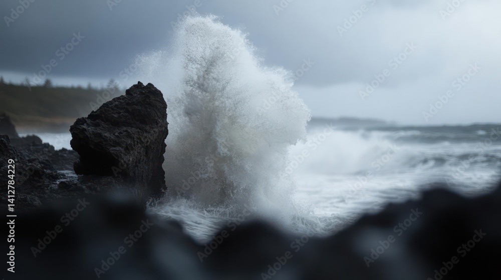 Poster captured during a tempest, an ocean wave crashes against rugged dark rocks under a dark, overcast sk
