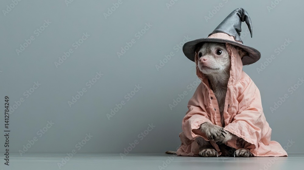 Poster adorable opossum dressed in a pink robe and wizard hat sits on a gray surface against a gray backgro