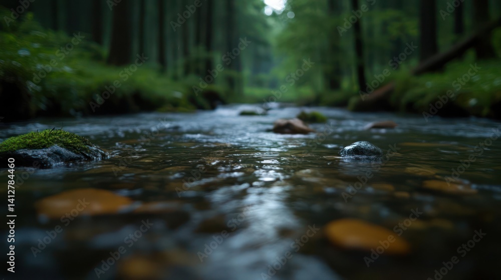 Poster a shallow stream with clear water flows through a dense green forest. the focus is low, emphasizing 