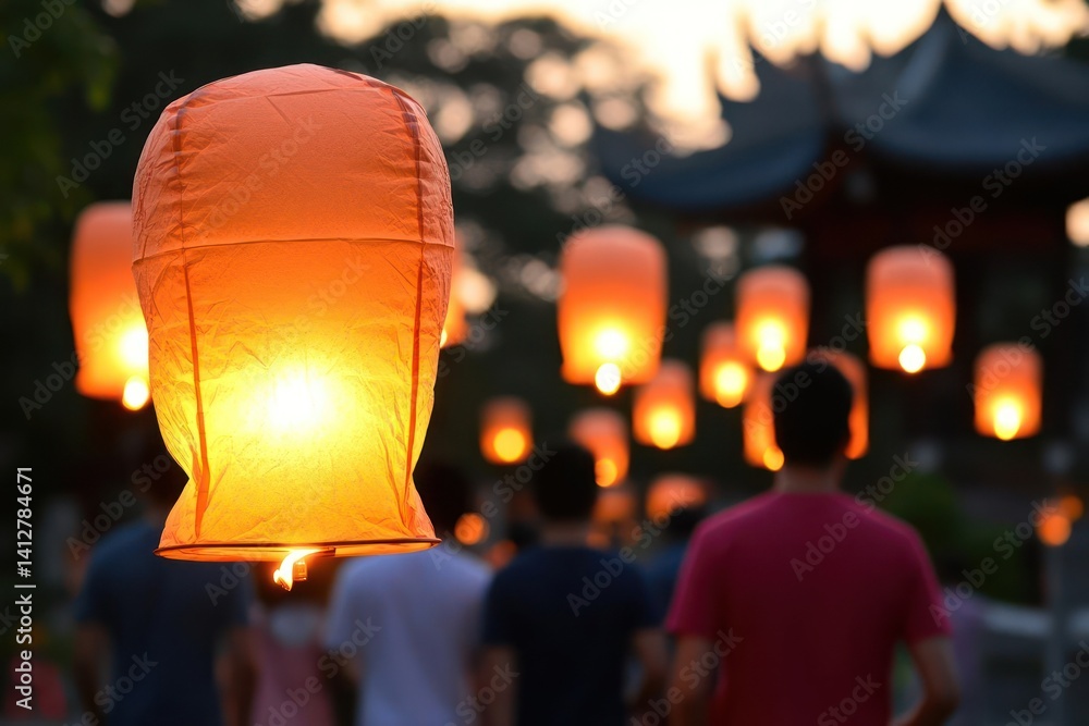 Aufkleber illuminated orange sky lanterns float near silhouetted figures against a blurred background featurin