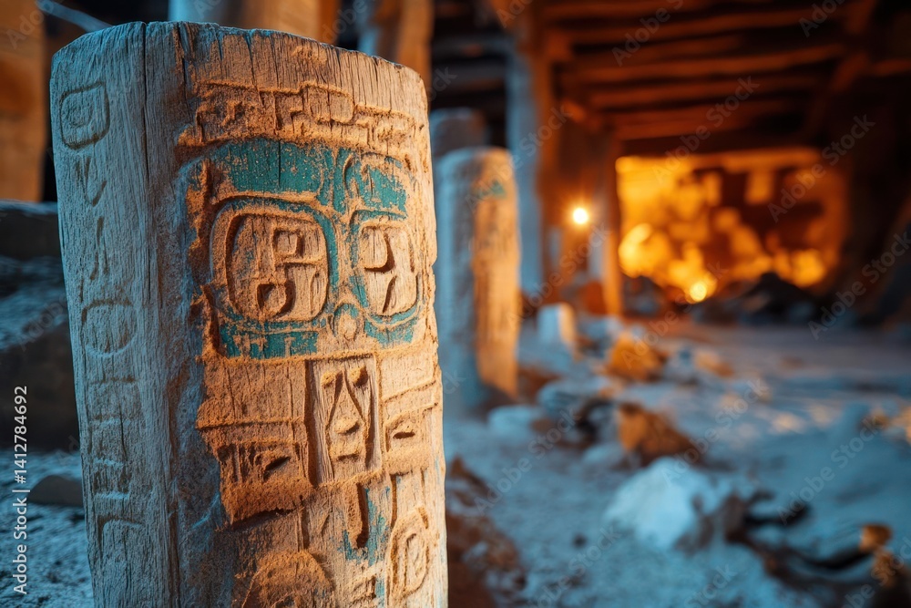 Aufkleber close up of a weathered stone pillar carved with ancient symbols, illuminated by warm, amber light i