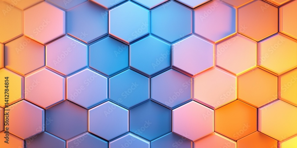 Poster a vibrant hexagonal pattern featuring blue and orange hues, creating a dynamic and visually appealin