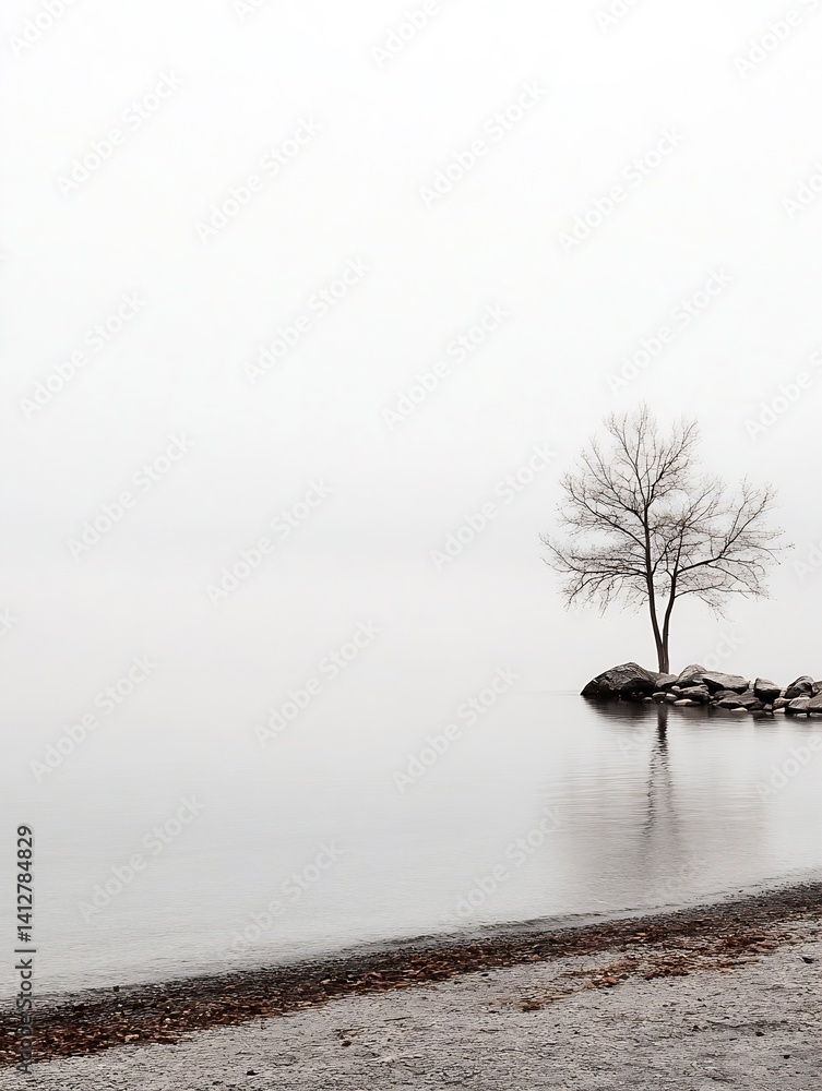 Aufkleber Serene Foggy Scene with Bare Tree Reflected in Still Water : Generative AI