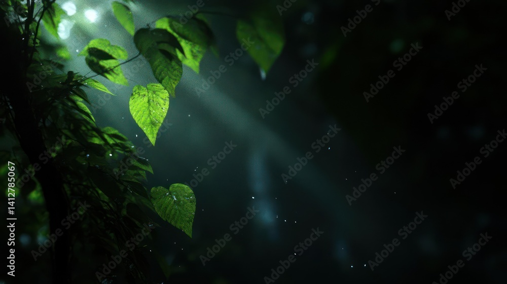 Aufkleber Sunlight streams through the lush forest canopy, illuminating vibrant green leaves with a bokeh effect and creating a magical atmosphere. Dark background and leaves bring a sense of peacefulness