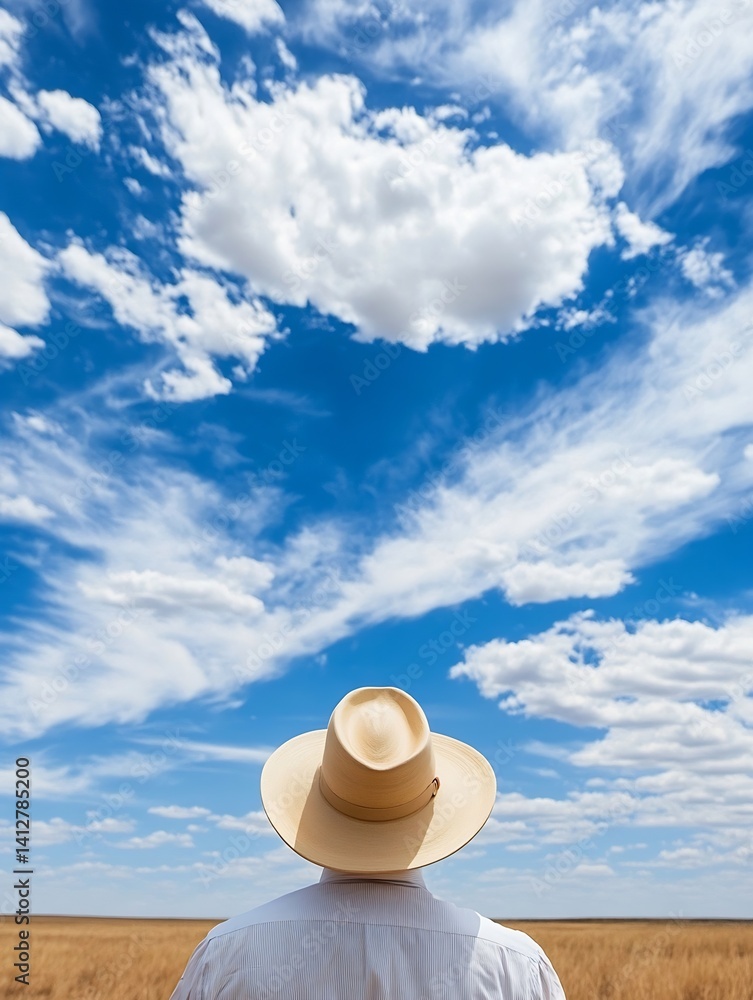 Poster person in a straw hat standing under a bright blue sky with white clouds in a vast open field : gene