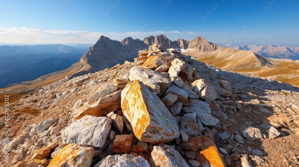 Poster a wide panoramic shot captures a rocky mountaintop under a clear blue sky, featuring a cairn of stac