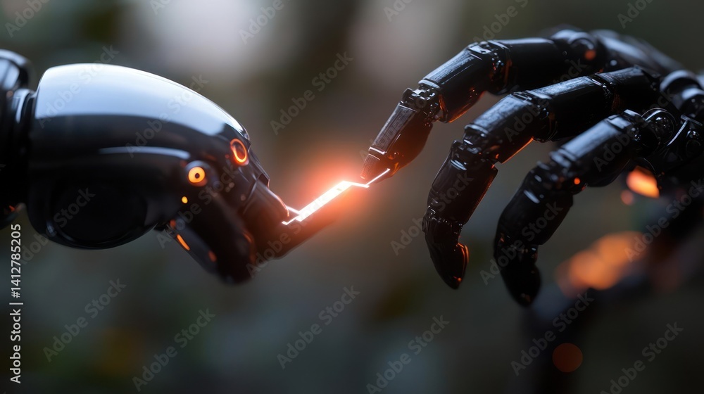 Poster A close-up showcases the intricate interaction between two metallic, robotic hands, with an electric arc of orange light sparking between their fingertips. The background is soft and out-of-focus