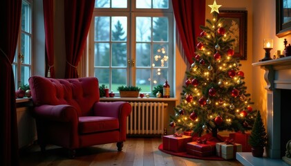 Christmas tree and armchair in a warmly lit holiday room, decorations, fire