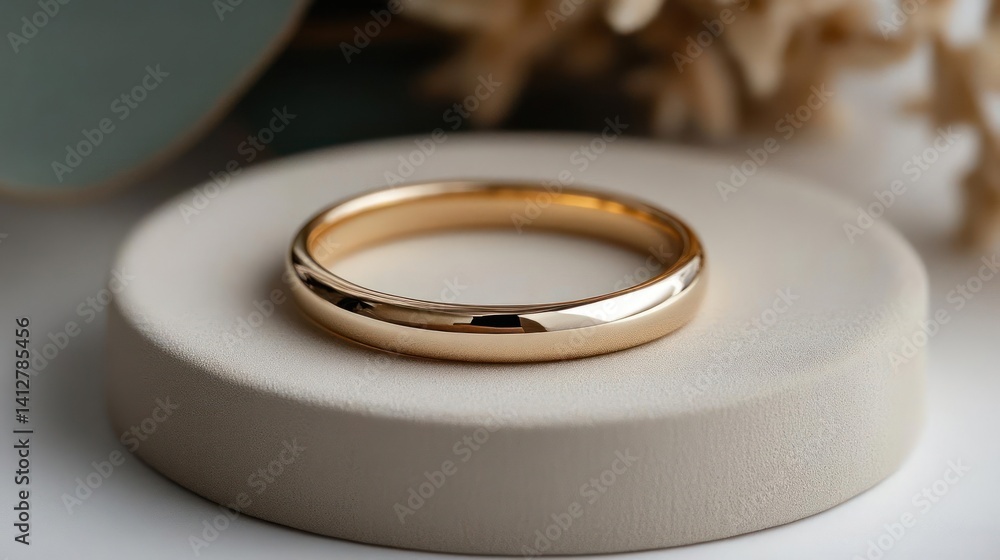 Poster close-up studio shot showcases a simple golden ring atop a round concrete platform, set against a ne