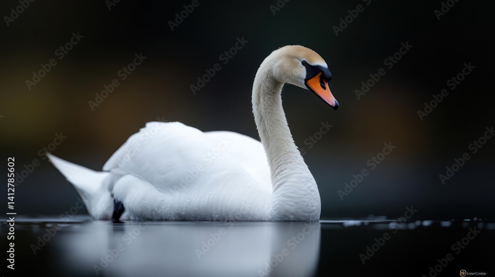 Poster an eye-level shot of a white swan gracefully gliding on water, its orange beak adding a pop of color
