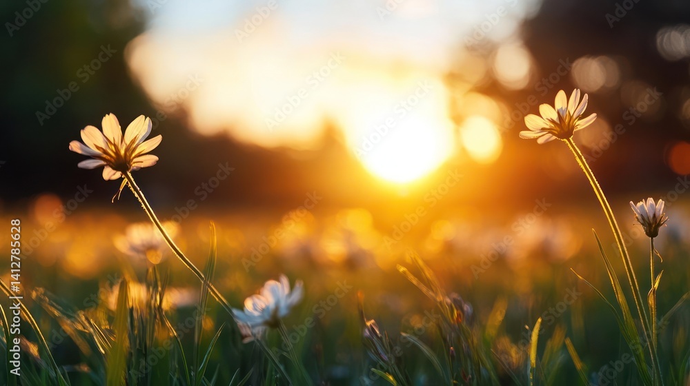 Poster Close-up of white clover flowers in a field during sunset. Golden light illuminates the petals and surrounding green grass. The scene conveys warmth and tranquility in a natural setting