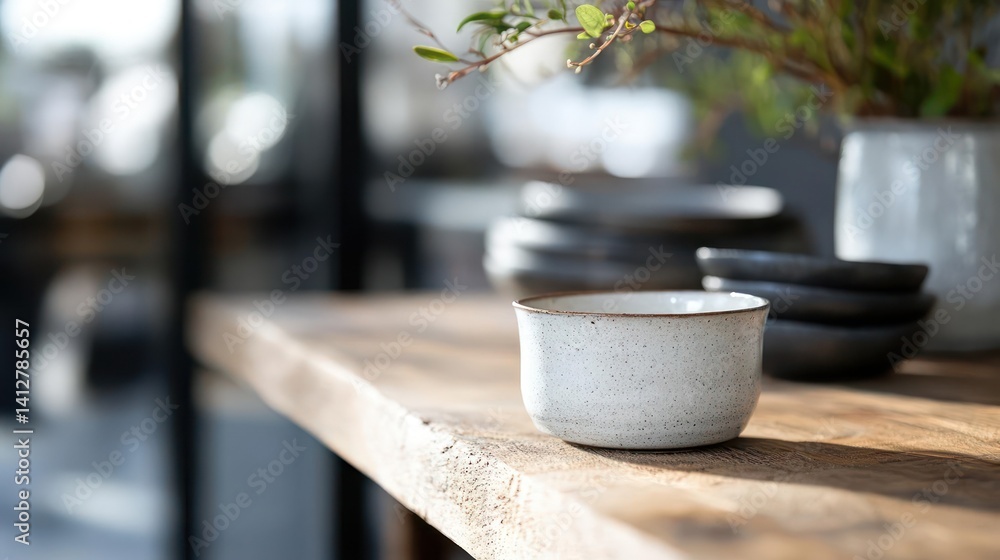 Poster close up shot features a textured ceramic cup on a rustic wooden table, with stacked bowls and plant