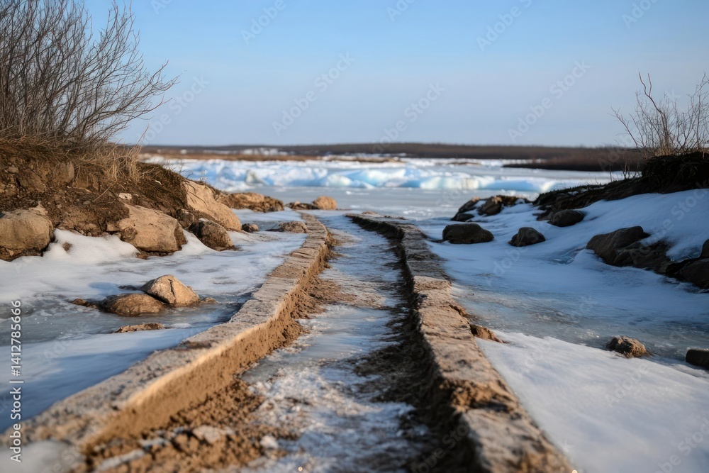 Poster a tranquil outdoor scene showcases a concrete path leading to a snow and ice covered river with ice 