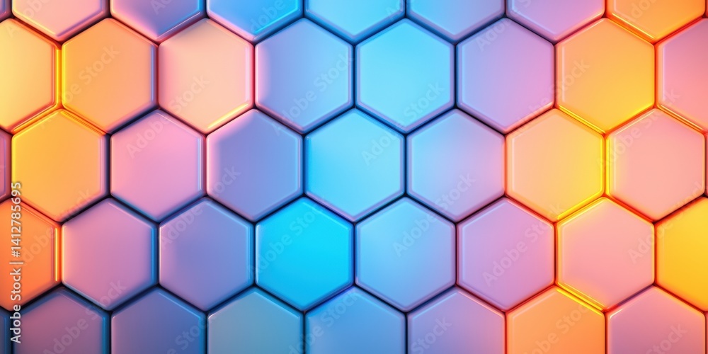 Poster a vibrant hexagonal pattern featuring a gradient of blue, orange, and purple hues, creating a modern