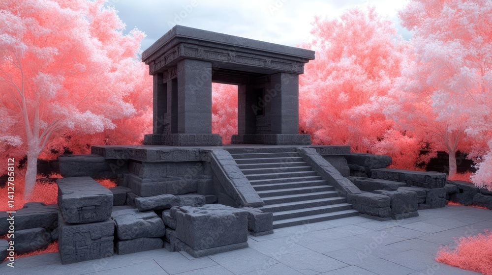 Poster An infrared photography of a grey stone building featuring a covered structure supported by columns, resting on a platform accessible by stairs. The building is surrounded by vibrant pink trees
