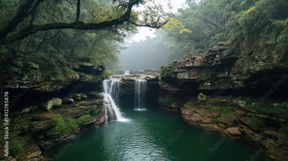Poster small cascade waterfall in a misty, forested environment with rugged rock formations overgrown with 