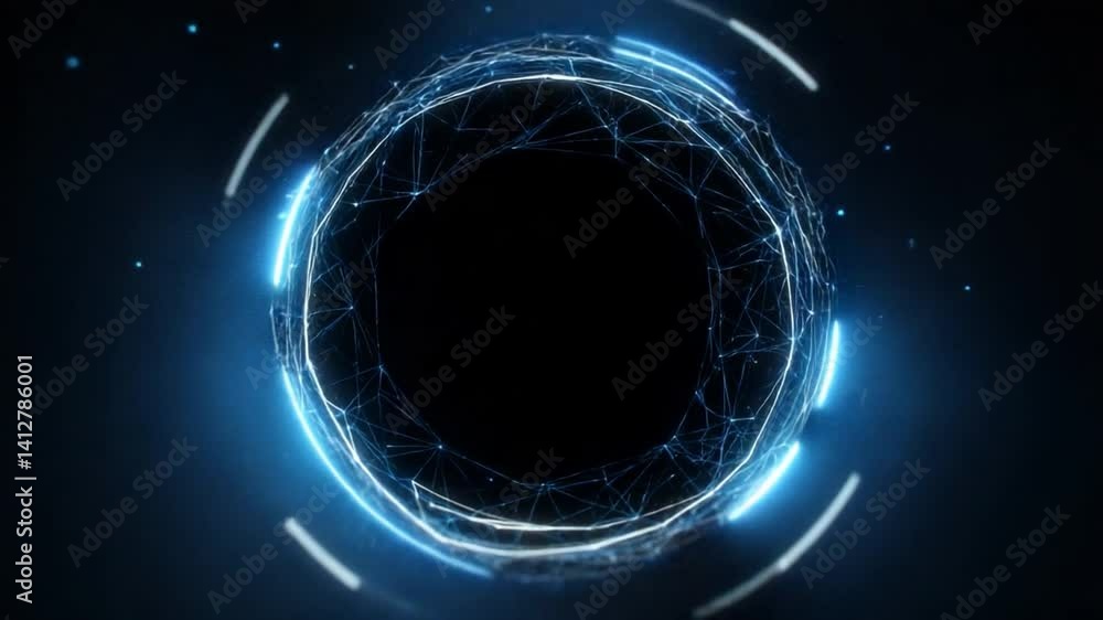 Poster a circular ai technology logo formed with neural lines and data nodes inside a blue hud ring with su