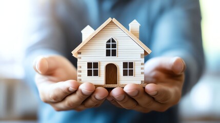 Hands holding a small wooden house model, representing home ownership, investment, or real estate concepts. Ideal for housing, property, or financial themes.