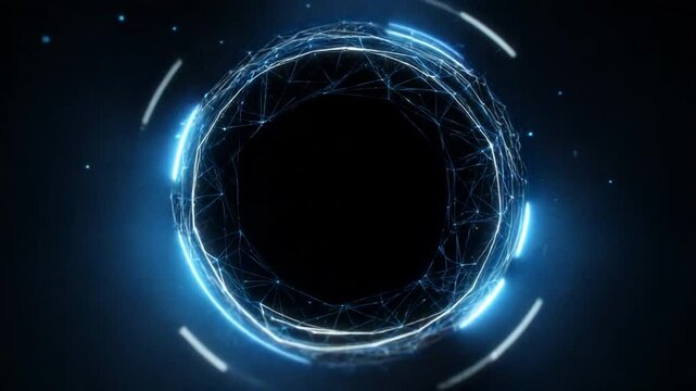 A circular AI technology logo formed with neural lines and data nodes inside a blue HUD ring with subtle motion