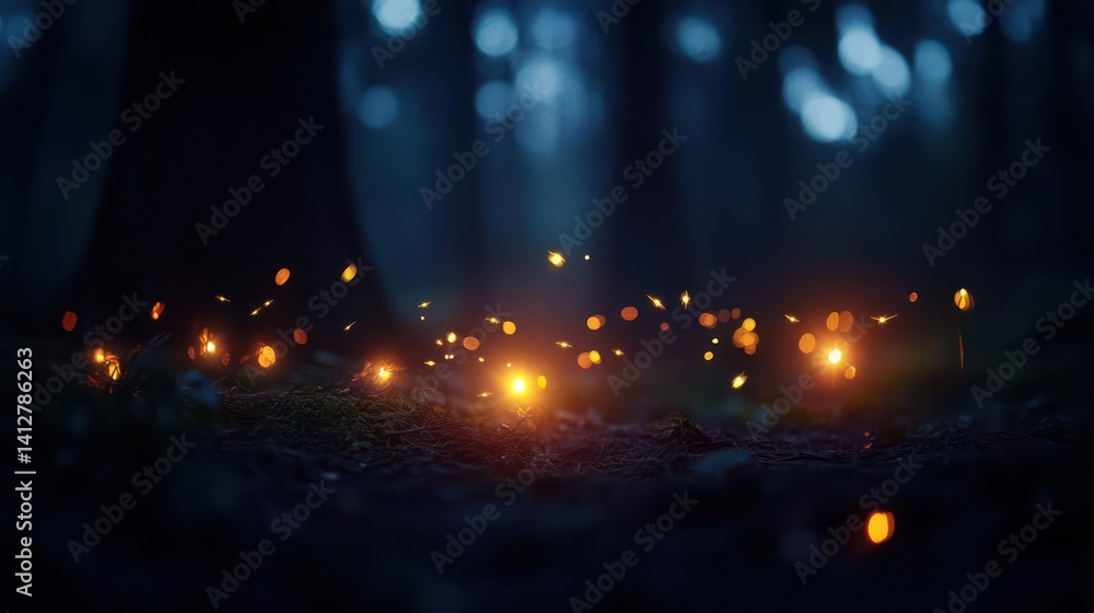Poster A low-angle shot captures a forest floor illuminated by glowing square lights. The lights are scattered across the ground, with blurred trees visible in the background, creating a magical and