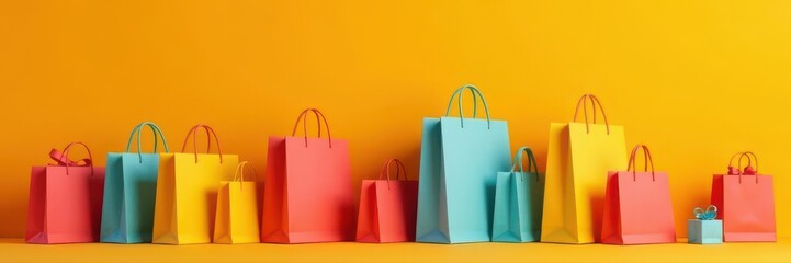 Colorful shopping bags and wrapped gifts line bright orange background , design, texture, colorful