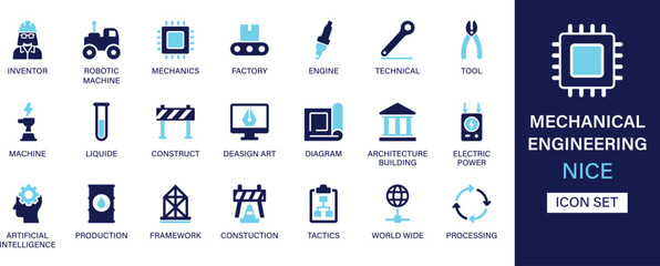 Mechanical engineering icon set collection. Inventor, robotic machine, technical, tools, liquids, construction, design art, diagram and best solid icon set.