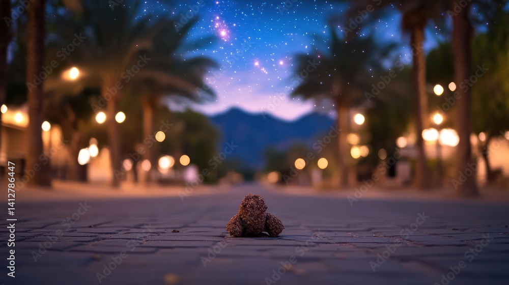 Poster low angle scenic view of a cobblestone road at twilight. blurred lights illuminate the palm trees an