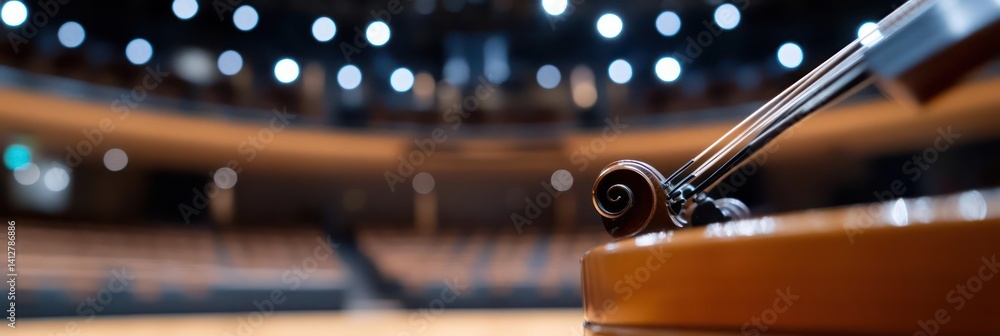 Aufkleber close up of the end of a violin with scroll over the wood and empty seats in the background. the emp