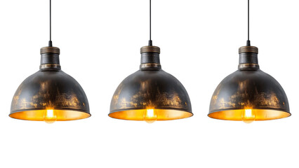 Png of Three vintage pendant lights with warm amber glow, adding a cozy ambiance to any space, with a rustic industrial design.