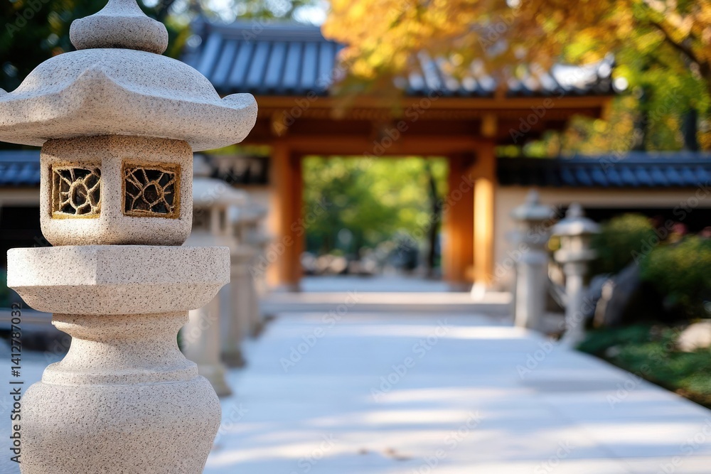 Aufkleber close-up of a stone lantern in a garden, with a blurred background of a wooden gate and autumn folia
