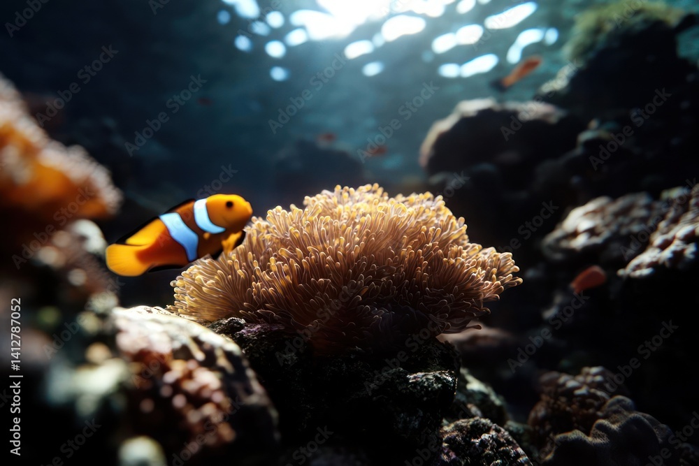 Poster a close-up underwater scene features a vibrant orange and white clownfish swimming near a coral form