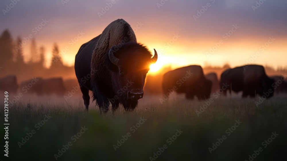 Poster a stunning landscape with a large bison in the foreground, grazing on a green field. the sky is fill