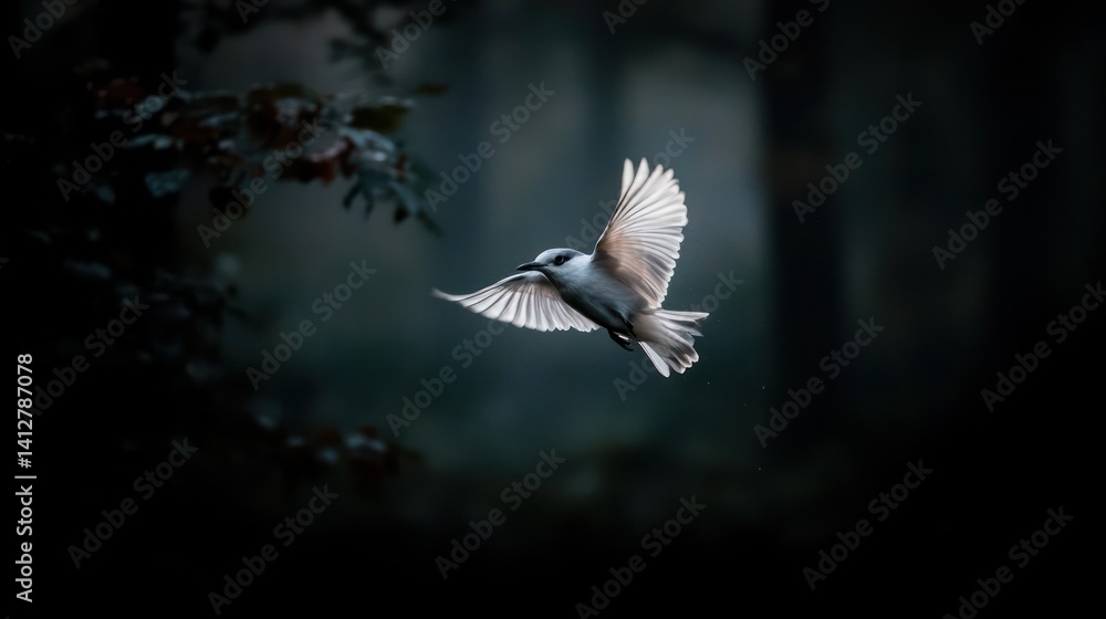 Poster A small, white and grey bird flies through the dim forest. Wings are spread with backlight, creating a stunning contrast against the dark background. The scene captures the bird's movement in its