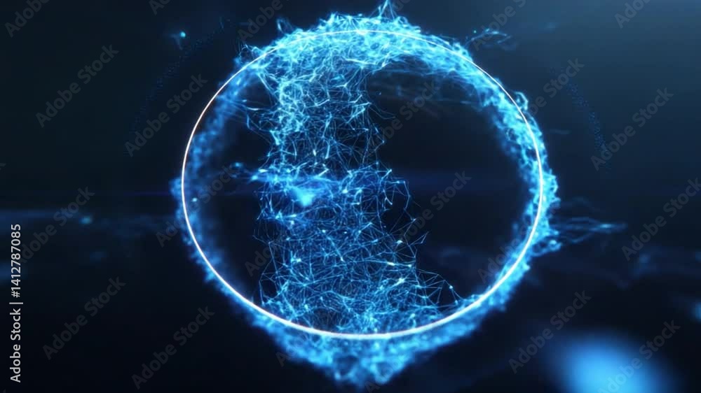 Poster a circular ai technology logo formed with neural lines and data nodes inside a blue hud ring with su
