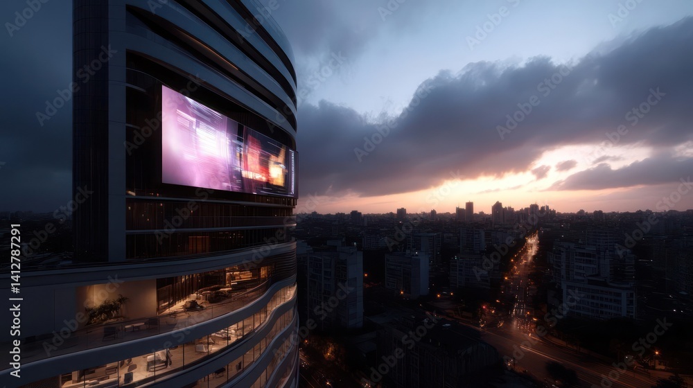 Poster A view of a tall building with a large screen displaying a colorful image, set against a cityscape at dusk. The sky features shades of purple and orange from the setting sun, creating a warm contrast