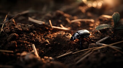 A black bug is on the ground