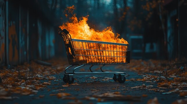 Burning shopping cart in alley