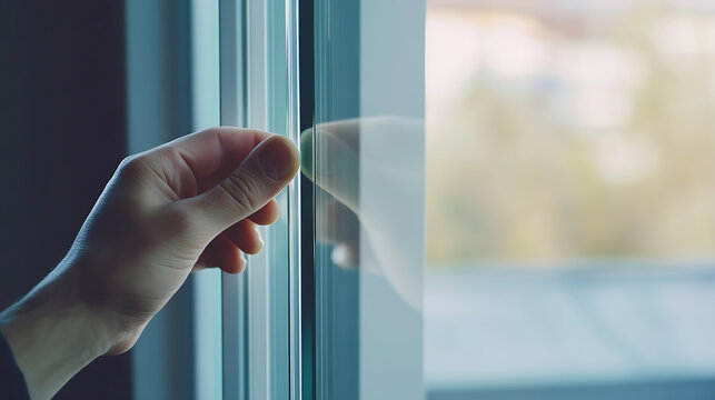 Window installer aligning glass panel in a residential building. Highlighting precision and craftsmanship