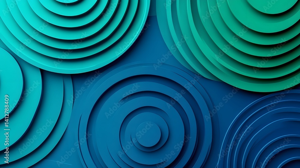 Poster striking geometric gradient circles with captivating color transitions in blue and green tones