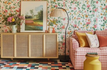 modern living room, simple living room, rattan console table, box patterned sofa, garden painting, flower wall