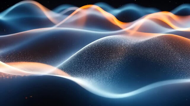Abstract wavy landscape of glowing particles.  Dynamic, futuristic, and ethereal topography with orange and blue light