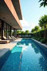 Fototapeta premium Geometric lines, glass walls, poolside lounge, luxury, outdoor, residential