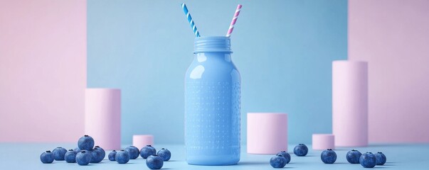 There are three bottles that hold a creamy yogurt and blueberry mixture, and they include straws