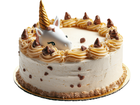 Delicious unicorn cake with creamy frosting, chocolate chips, and a playful unicorn decoration on top